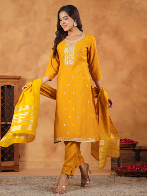 Mustard Silk Blend Embroidered Straight Kurta Set