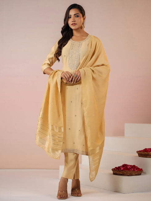 Beige Silk Blend Embroidered Straight Kurta Set