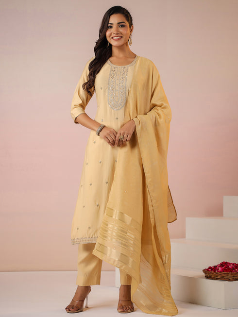 Beige Silk Blend Embroidered Straight Kurta Set