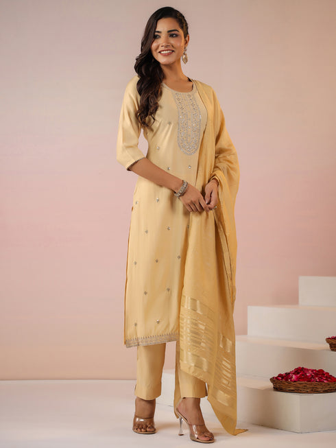 Beige Silk Blend Embroidered Straight Kurta Set
