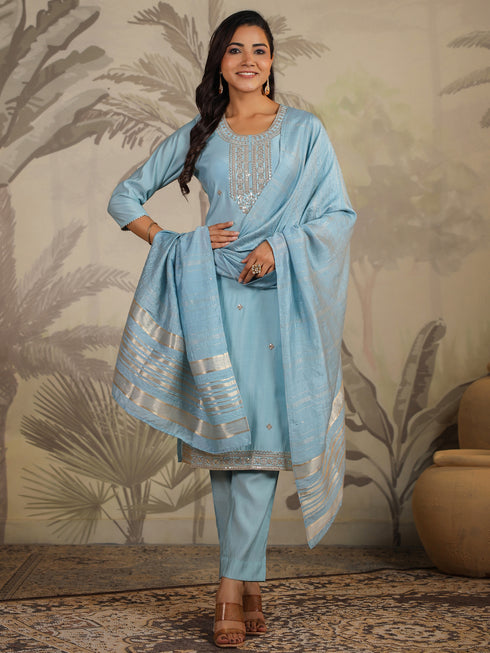 Light Blue Chanderi Silk Embroidered Straight Kurta Set