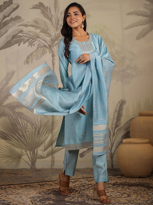 Light Blue Chanderi Silk Embroidered Straight Kurta Set