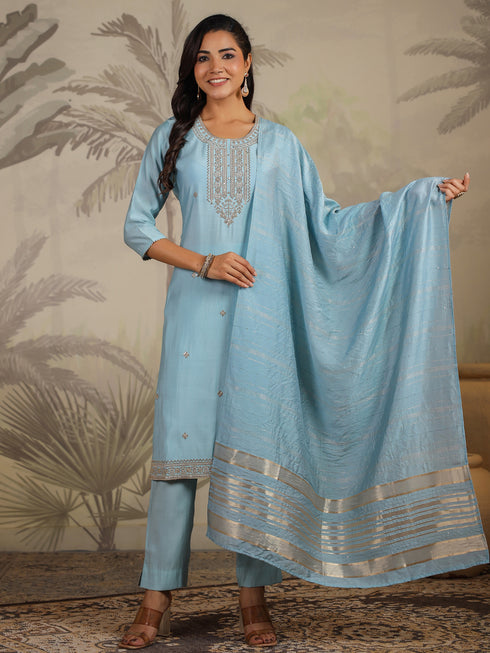 Light Blue Chanderi Silk Embroidered Straight Kurta Set