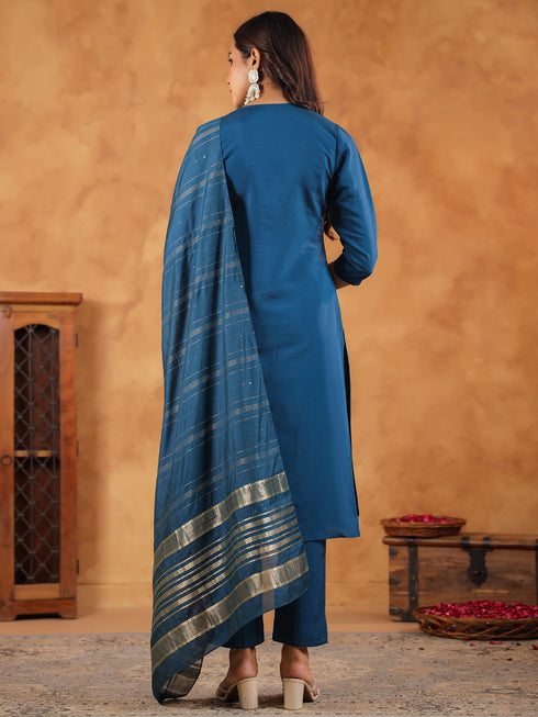 Teal Blue Chanderi Silk Embroidered Straight Kurta Set