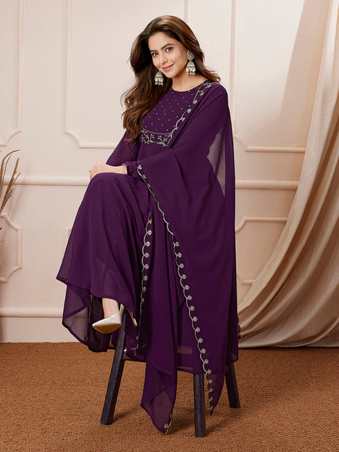 Purple Georgette Embroidered Anarkali Palazzo Set