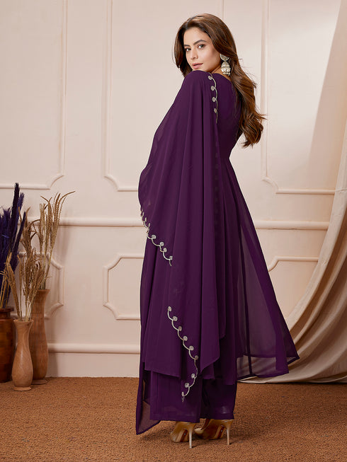 Purple Georgette Embroidered Anarkali Palazzo Set
