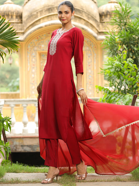 Maroon Silk Blend Yoke Embroidered Straight Kurta Set
