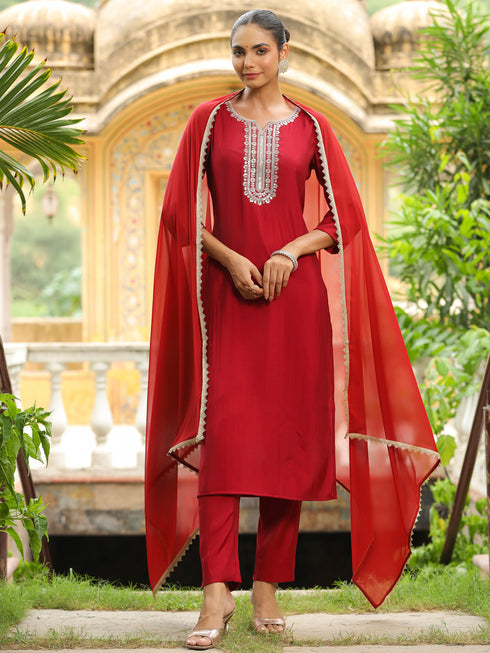 Maroon Silk Blend Yoke Embroidered Straight Kurta Set