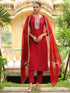 Maroon Silk Blend Yoke Embroidered Straight Kurta Set