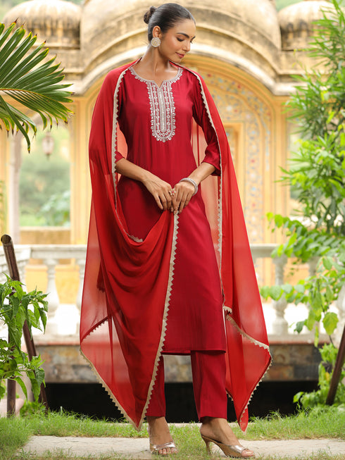 Maroon Silk Blend Yoke Embroidered Straight Kurta Set