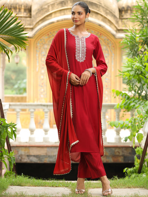 Maroon Silk Blend Yoke Embroidered Straight Kurta Set