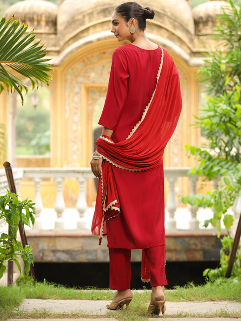 Maroon Silk Blend Yoke Embroidered Straight Kurta Set