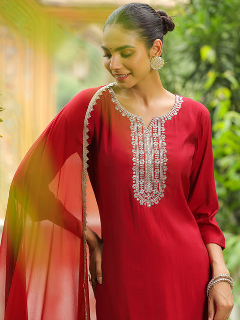 Maroon Silk Blend Yoke Embroidered Straight Kurta Set