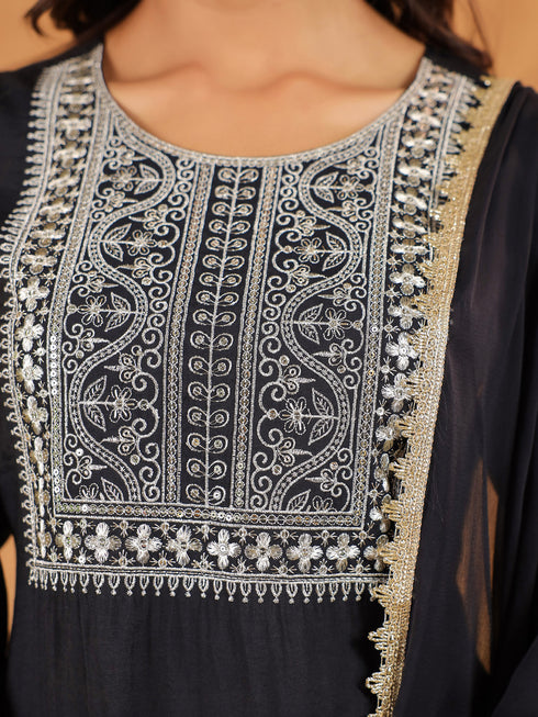 Black Silk Blend Yoke Embroidered Straight Kurta Set