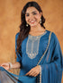 Teal Blue Chanderi Silk Yoke Embroidered Straight Kurta Set