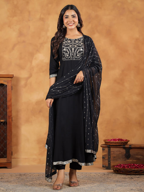 Black Rayon Zari Embroidered Anarkali Kurta Set