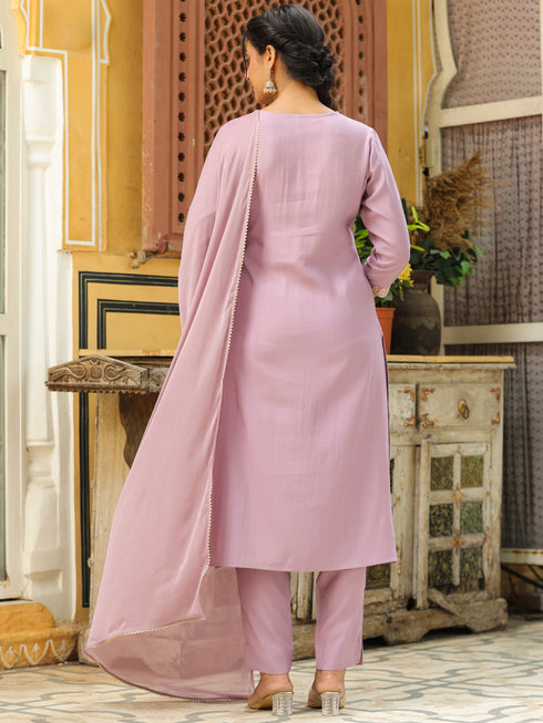 Lavender Silk Blend Yoke Embroidery Straight Kurta Set
