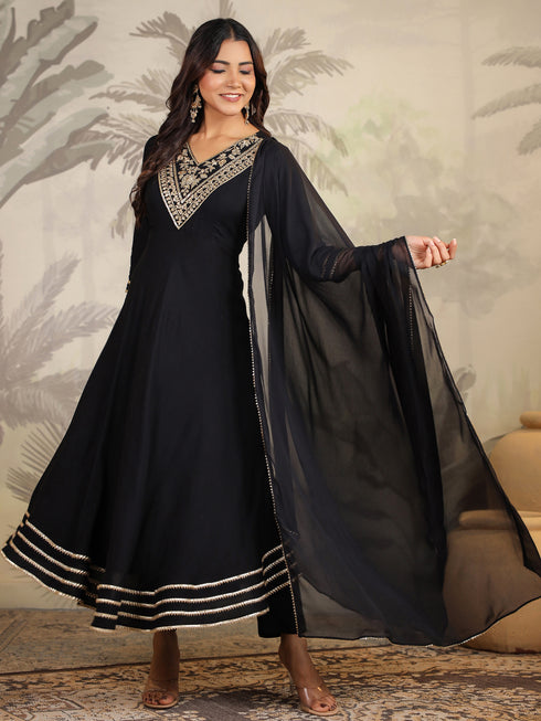 Black Rayon Zari Embroidered Anarkali Kurta Set
