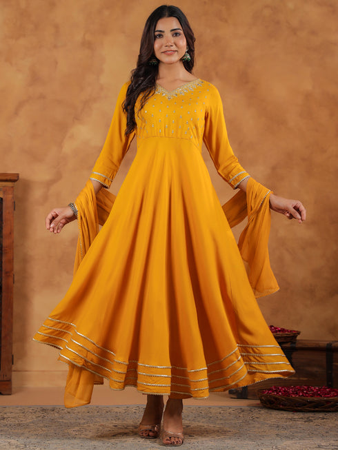 Mustard Rayon Zari Embroidered Anarkali Kurta Set