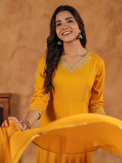 Mustard Rayon Zari Embroidered Anarkali Kurta Set