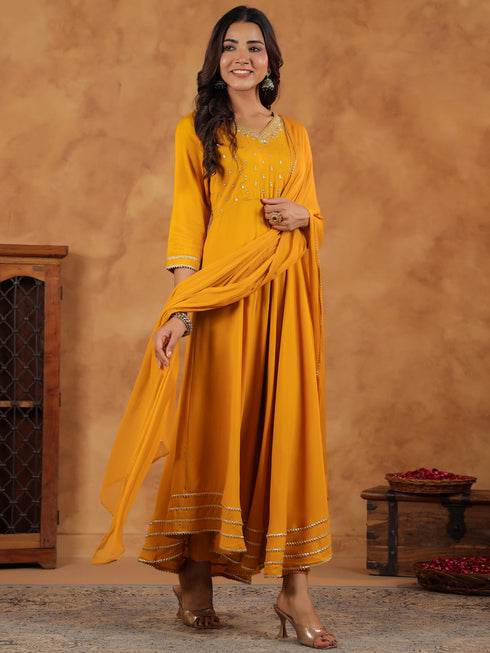 Mustard Rayon Zari Embroidered Anarkali Kurta Set