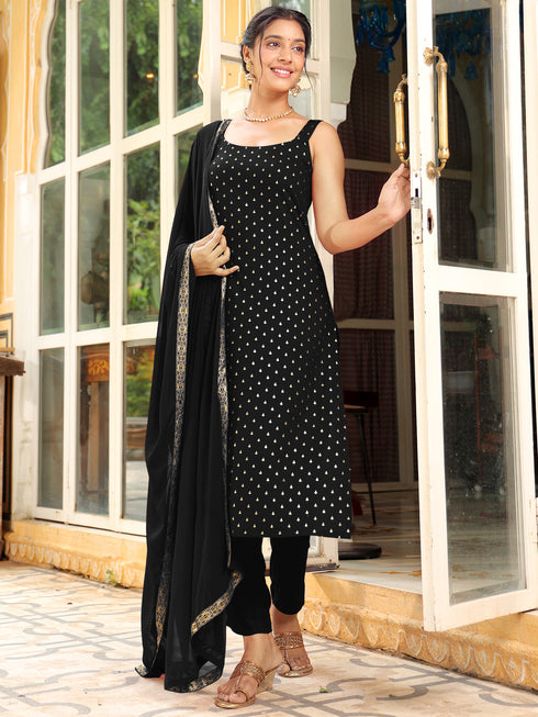 Black Rayon Foil Printed Straight Kurta Set