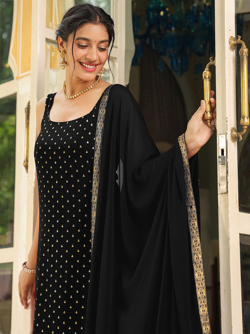 Black Rayon Foil Printed Straight Kurta Set