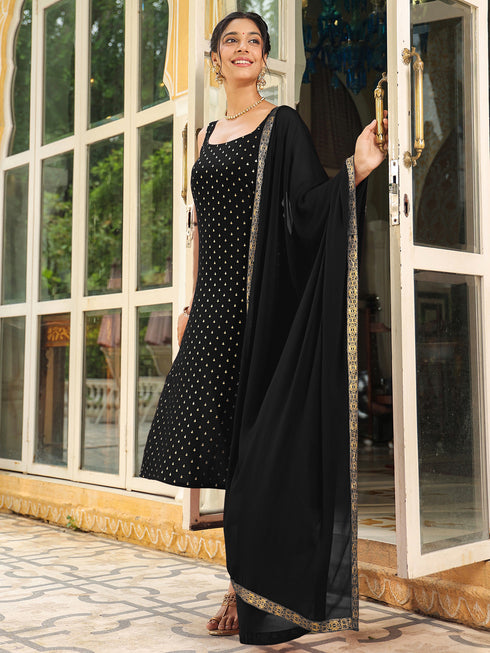 Black Rayon Foil Printed Straight Kurta Set