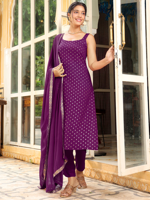 Purple Rayon Foil Printed Straight Kurta Set