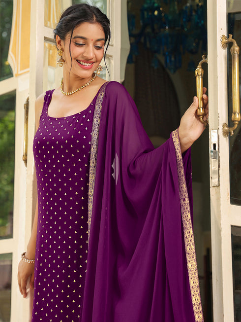 Purple Rayon Foil Printed Straight Kurta Set
