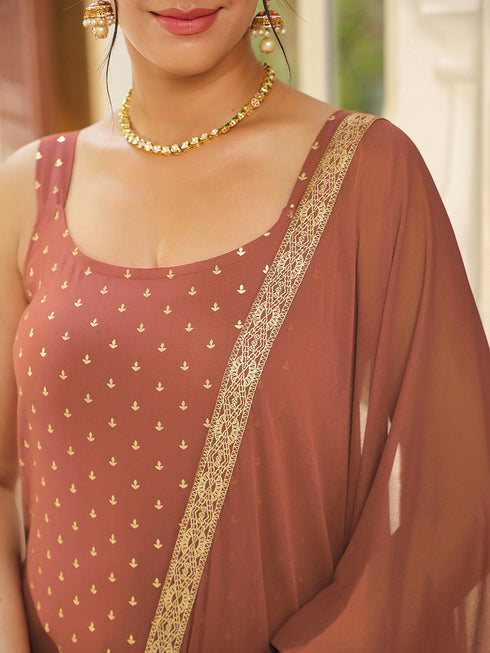 Rust Rayon Foil Printed Straight Kurta Set