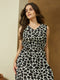 Janasya Women's Black & White Linen Cotton Abstract Printed A-line Dress