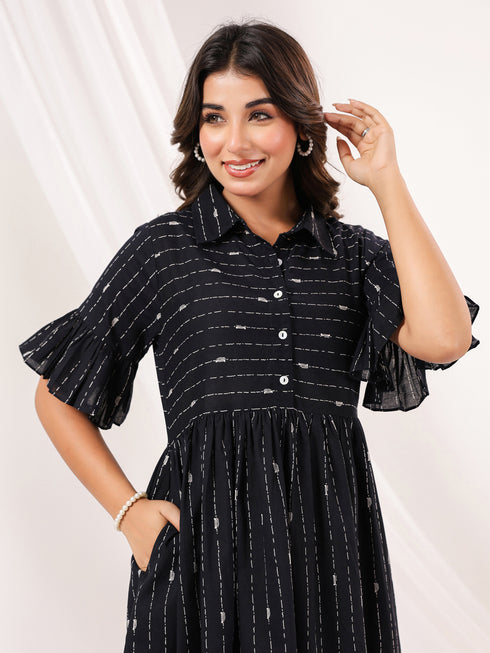 Janasya Women's Black Cotton Abstract Printed A-line Dress