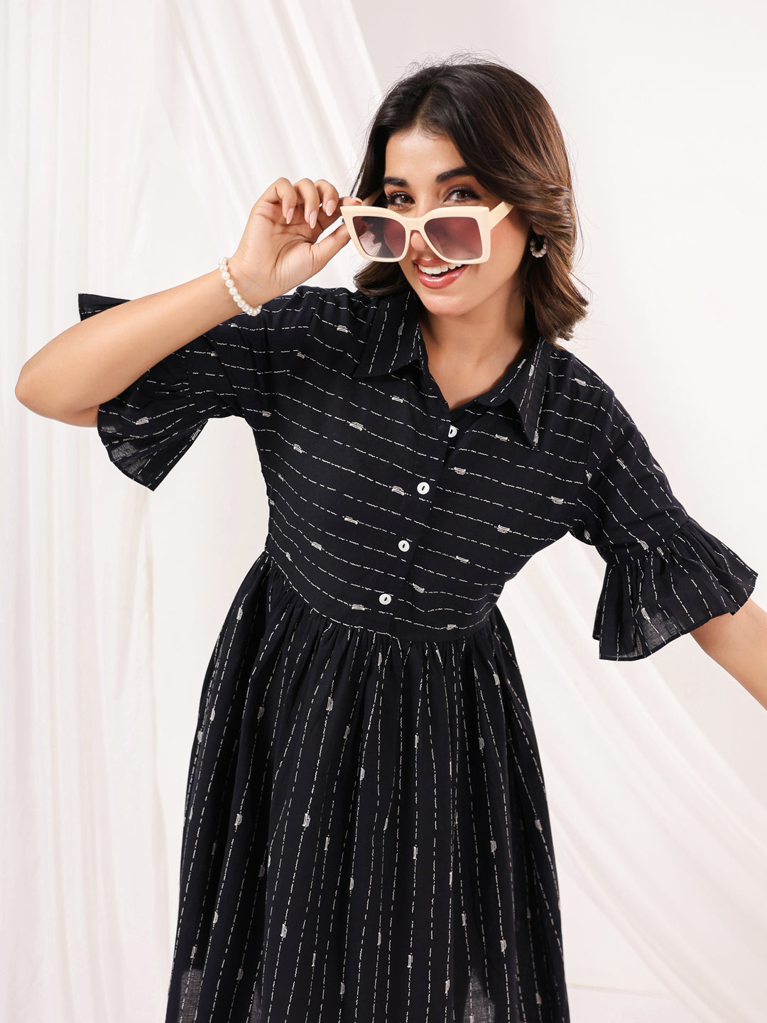 Janasya Women's Black Cotton Abstract Printed A-line Dress