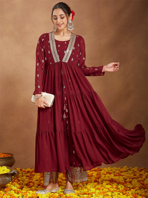 Janasya Women's Maroon Georgette Embellished Foil Printed Front-open Tiered Kurta Pant Set