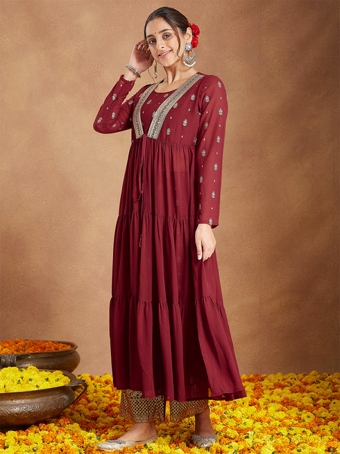 Janasya Women's Maroon Georgette Embellished Foil Printed Front-open Tiered Kurta Pant Set