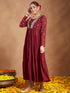 Janasya Women's Maroon Georgette Embellished Foil Printed Front-open Tiered Kurta Pant Set