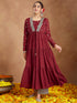 Janasya Women's Maroon Georgette Embellished Foil Printed Front-open Tiered Kurta Pant Set