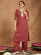 Janasya Women's Maroon Pure Cotton Embellished Floral Printed Straight Kurta With Pant Set