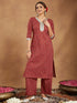 Janasya Women's Maroon Pure Cotton Embellished Floral Printed Straight Kurta With Pant Set