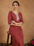 Janasya Women's Maroon Pure Cotton Embellished Floral Printed Straight Kurta With Pant Set