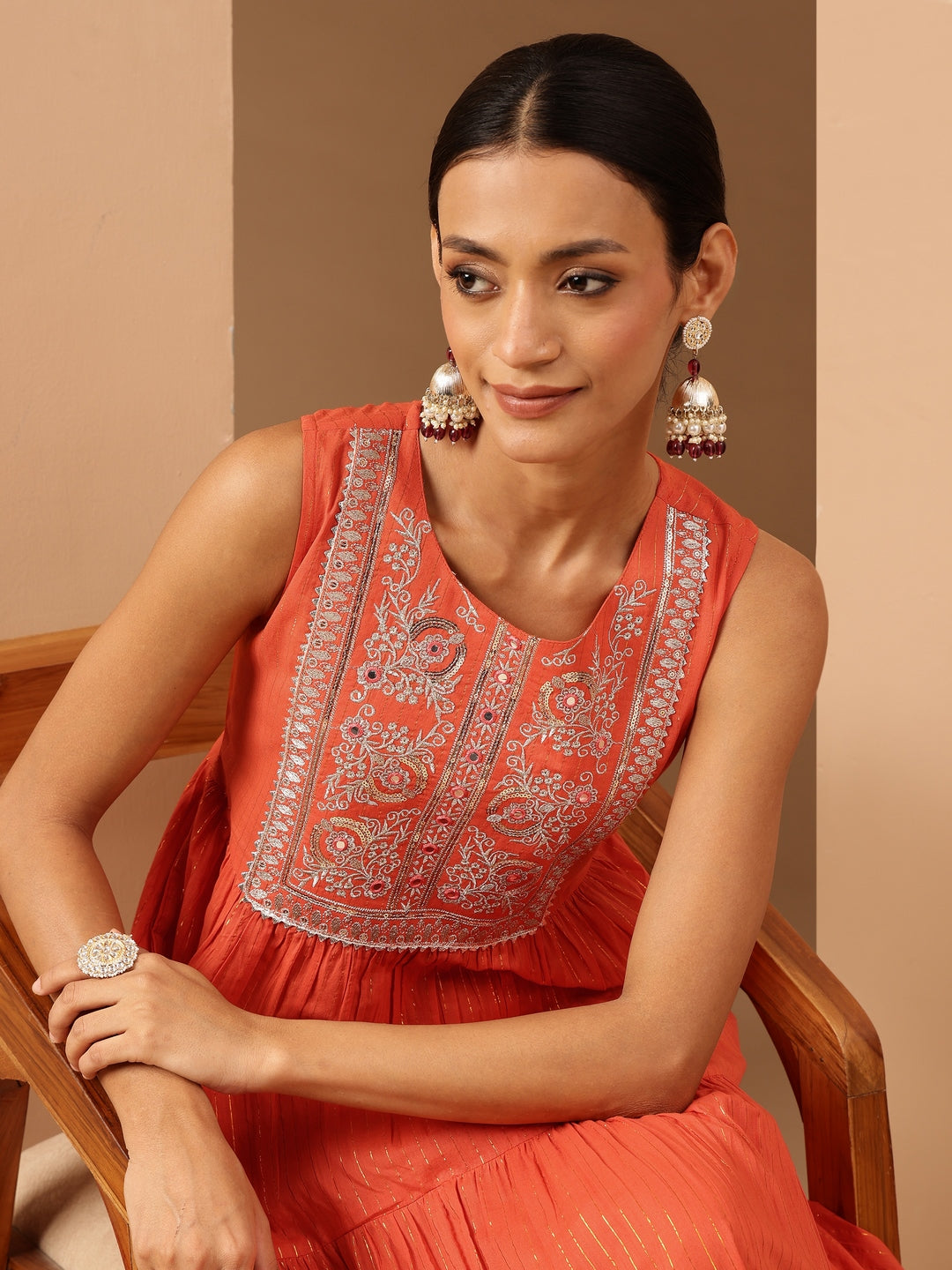 Janasya Women's Orange Pure Cotton Yoke Embroidered Tiered Kurta