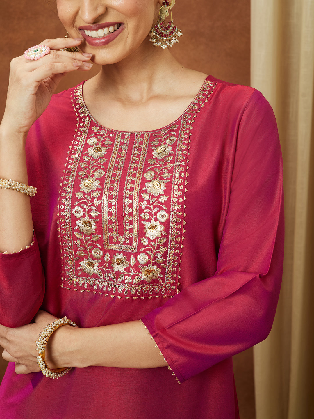 Janasya Women's Pink Chanderi Silk Zari Yoke Embroidered Straight Kurta