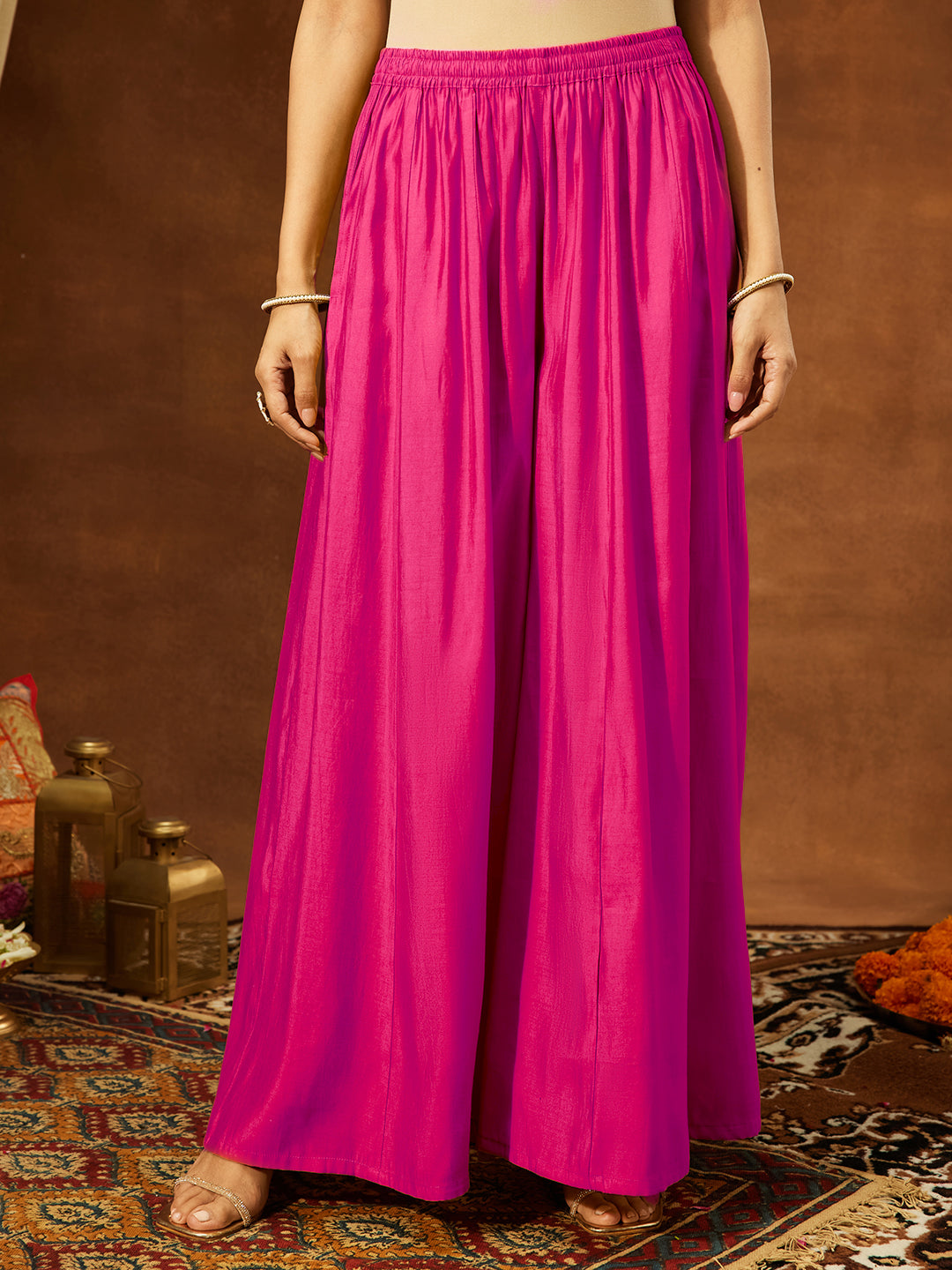 Janasya Women's Pink Chanderi Silk Embellished Straight Kurta With Sharara & Dupatta Set