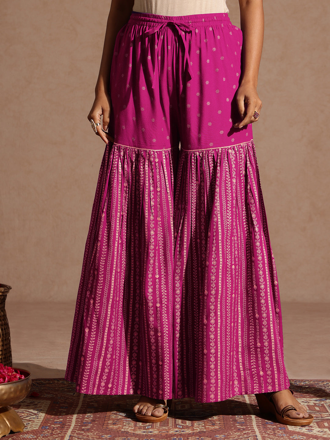 Janasya Women's Pink Rayon Gold Foil Printed Kurti With Sharara & Dupatta Set