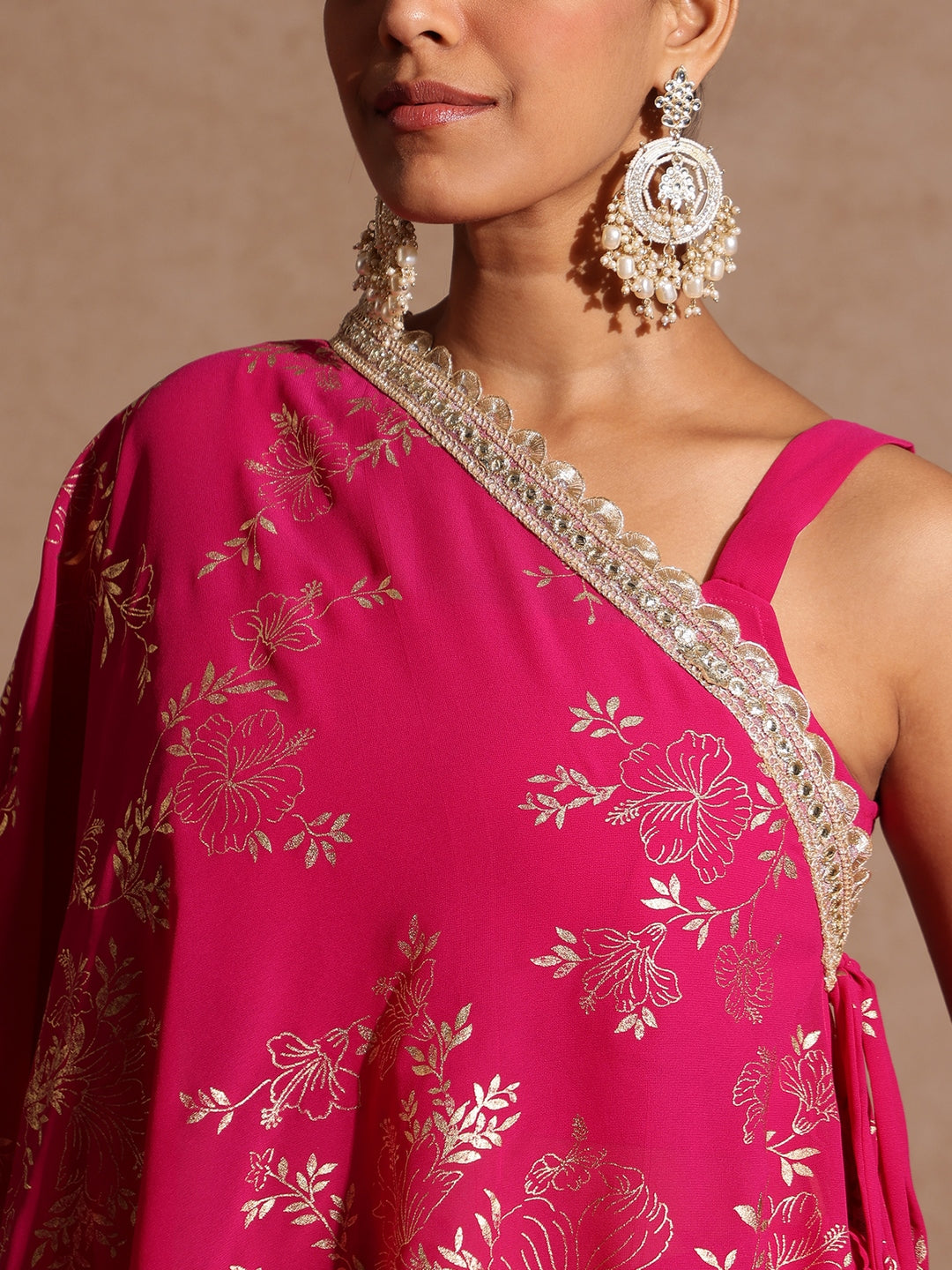 Janasya Women's Pink Embellished Gold Printed Crop Top With Palazzo & Tie-up Cape Set