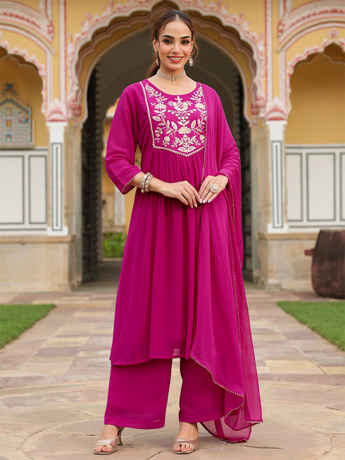 Janasya Women's Pink Georgette Embroidered A-line Kurta With Palazzo Dupatta Set
