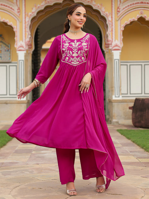 Janasya Women's Pink Georgette Embroidered A-line Kurta With Palazzo Dupatta Set