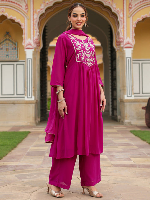 Janasya Women's Pink Georgette Embroidered A-line Kurta With Palazzo Dupatta Set