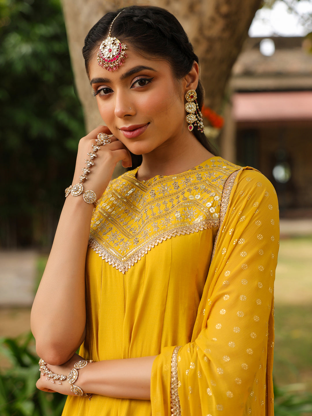 Janasya Women Yellow Chanderi Silk Embellished Anarkali Kurta Set With Dupatta